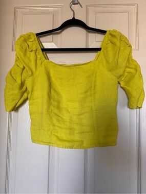 Rachel Zoe Linen Lemon Yellow Puff Sleeve Square Neck Top